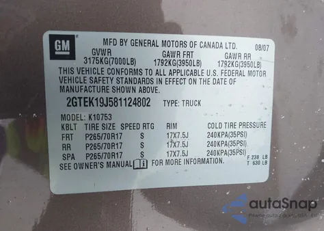 2008 GMC Sierra 1500 Sle1 z USA, uszkodzony, nr VIN 2GTEK19J581124802